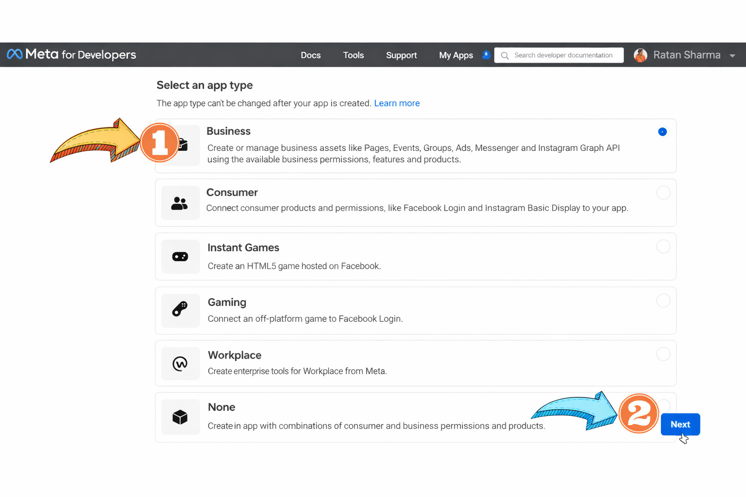 option to choose an app type